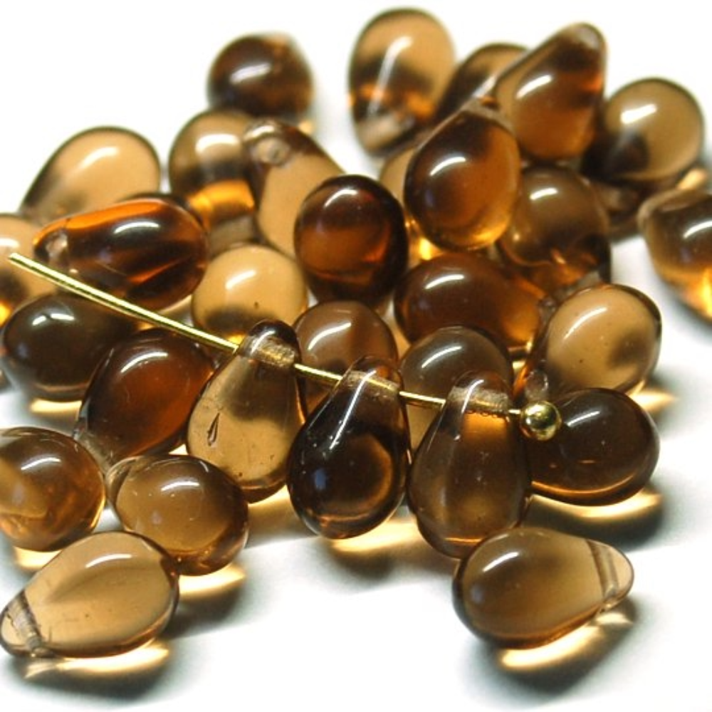 チェコビーズ ドロップ 6x9mm スモーキートパーズ・クリア｜10個入