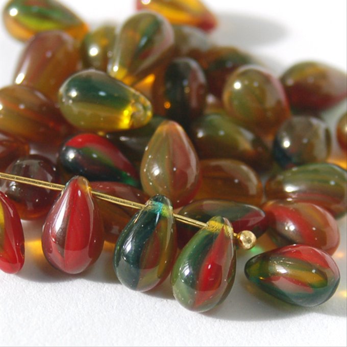 チェコビーズ ドロップ 6×9mm オータムマーブルコンビ|20個入 ハンドメイド素材 BULBULBEADS