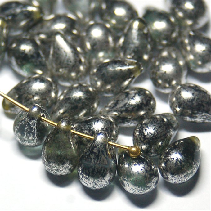チェコビーズ ドロップ 6x9mm ダルグリーン・クリア・シルバーフォイル|20個入 ハンドメイド素材 BULBULBEADS