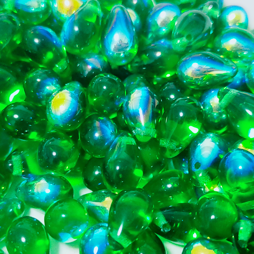 チェコビーズ ドロップ 6x9mm グリーン2・クリアAB|10個入 ハンドメイド素材 BULBULBEADS