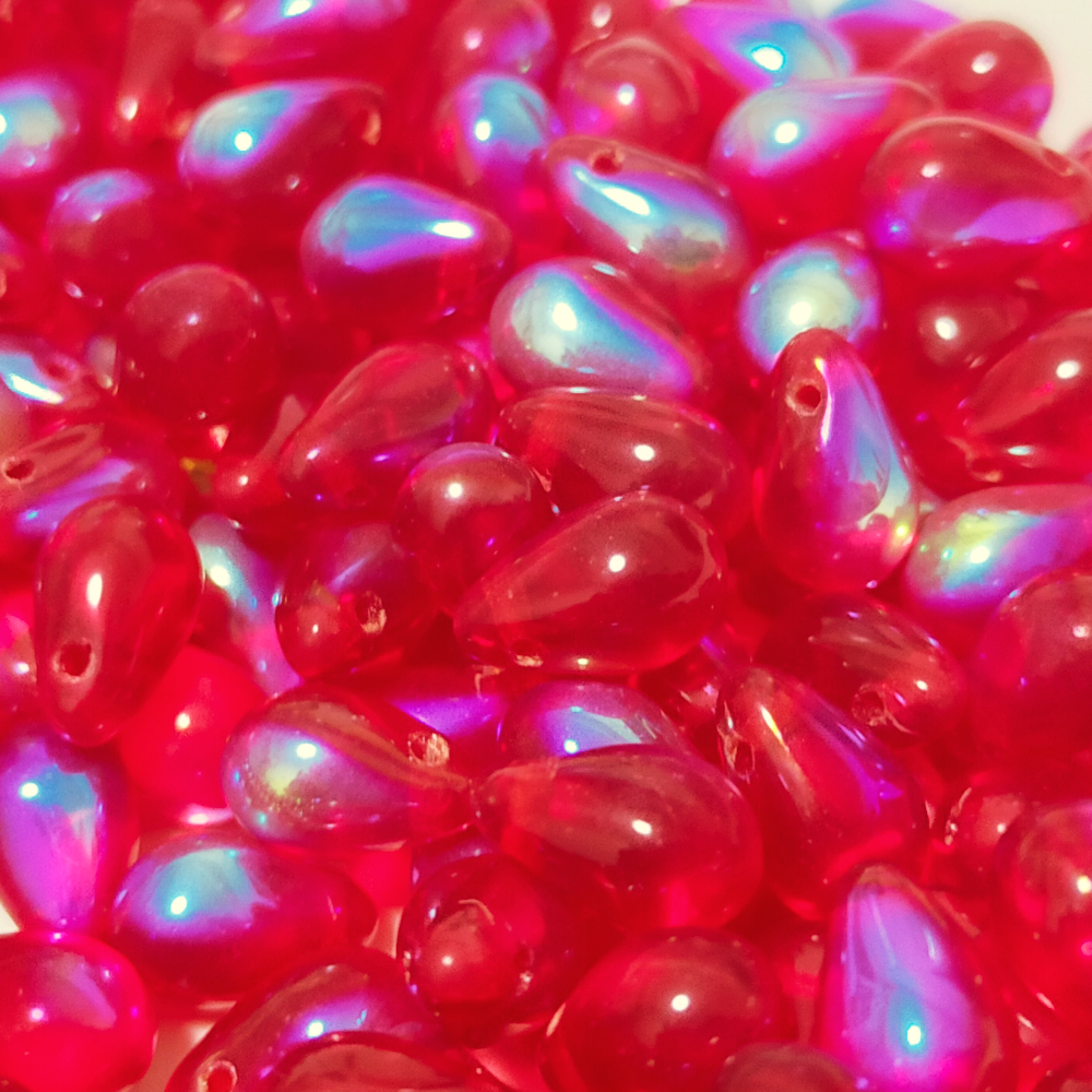 チェコビーズ ドロップ 6x9mm シャムレッド8・クリアAB|10個入 ハンドメイド素材 BULBULBEADS