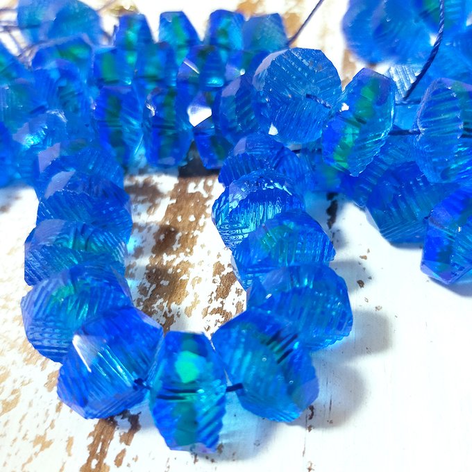 チェコビーズ ラウンダーカット 14×9mm サファイアグリーンオーバーレイ(ウランガラス)|2個入 ハンドメイド素材 BULBULBEADS