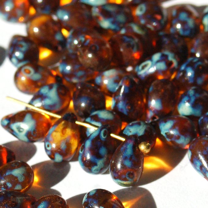 チェコビーズ ドロップ 6×9mm ブラウンクリア・ピカソ|20個入 ハンドメイド素材 BULBULBEADS