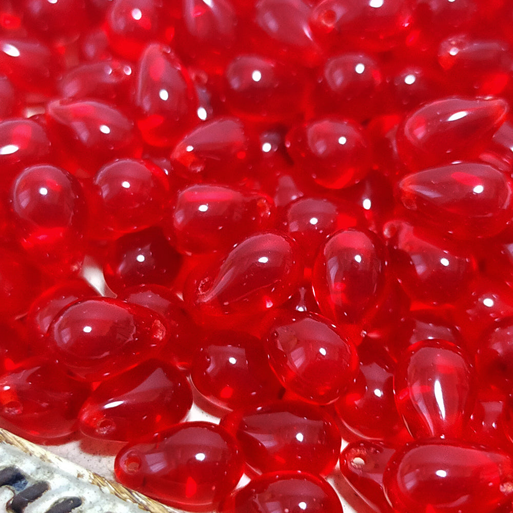 チェコビーズ ドロップ 6x9mm シャムレッド8・クリア|10個入 ハンドメイド素材 BULBULBEADS