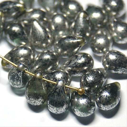 チェコビーズ ドロップ 6x9mm ダルグリーン・クリア・シルバーフォイル｜20個入 ハンドメイド素材 BULBULBEADS
