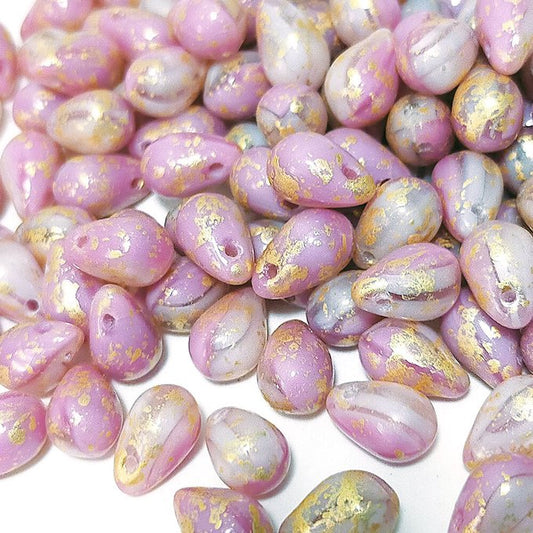 チェコビーズ ドロップ 6×9mm ピンクマーブル・ゴールド｜20個入 ハンドメイド素材 BULBULBEADS
