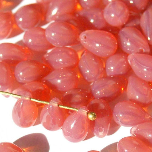 チェコビーズ ドロップ 6×9mm ストロベリーストライプ・コンビ｜20個入 ハンドメイド素材 BULBULBEADS