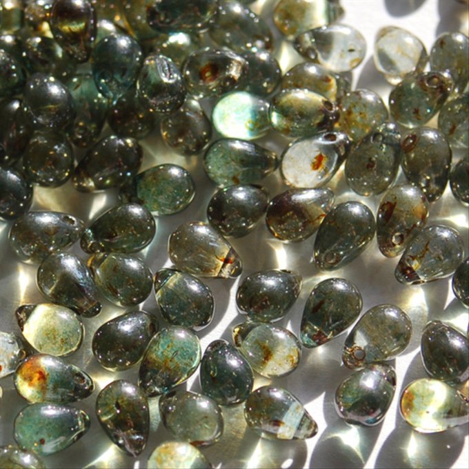 チェコビーズ ドロップ 5x7mm オリーブ ラスター｜30個入 ハンドメイド素材 BULBULBEADS