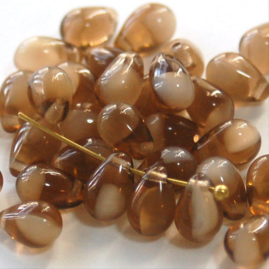 チェコビーズ ドロップ 6×9mm マロンクリームマーブルコンビ｜20個入 ハンドメイド素材 BULBULBEADS