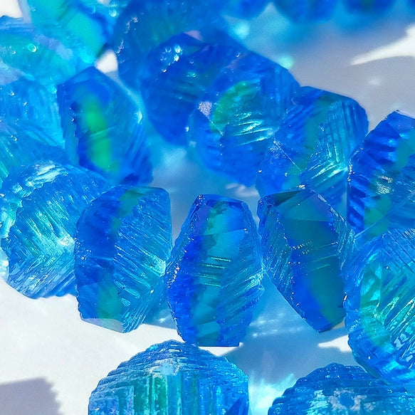 チェコビーズ ラウンダーカット 14×9mm サファイアグリーンオーバーレイ（ウランガラス）｜2個入 ハンドメイド素材 BULBULBEADS