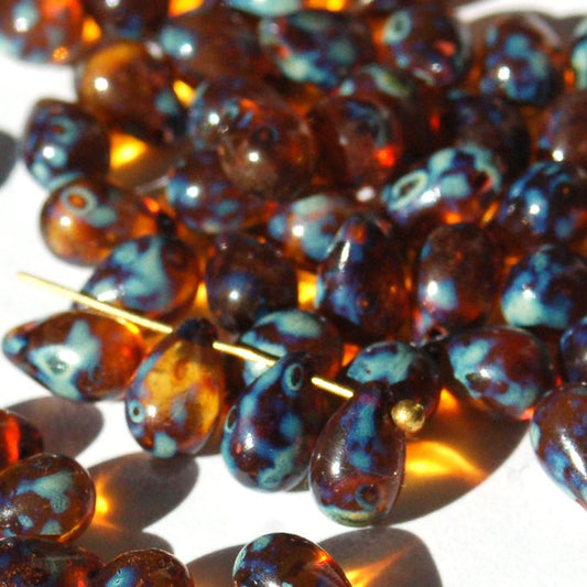 チェコビーズ ドロップ 6×9mm ブラウンクリア・ピカソ｜20個入 ハンドメイド素材 BULBULBEADS