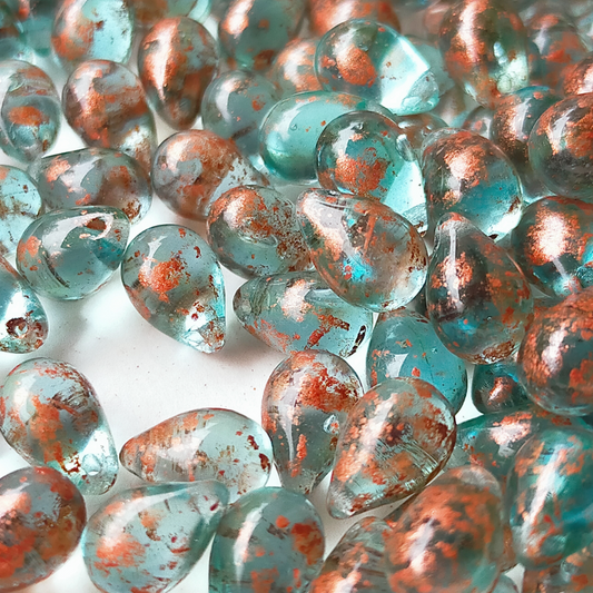 チェコ ビーズ ドロップ 6x9mm 10個 アクア ブルー クリア カッパー BULBULBEADS