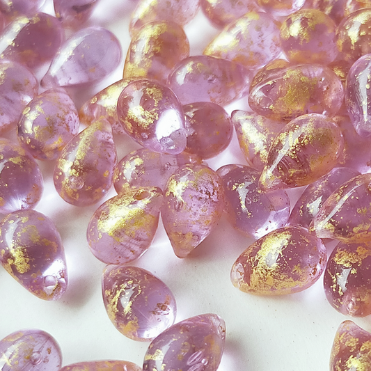 チェコ ビーズ ドロップ 6x9mm 10個 オーキッド パープル ゴールド BULBULBEADS