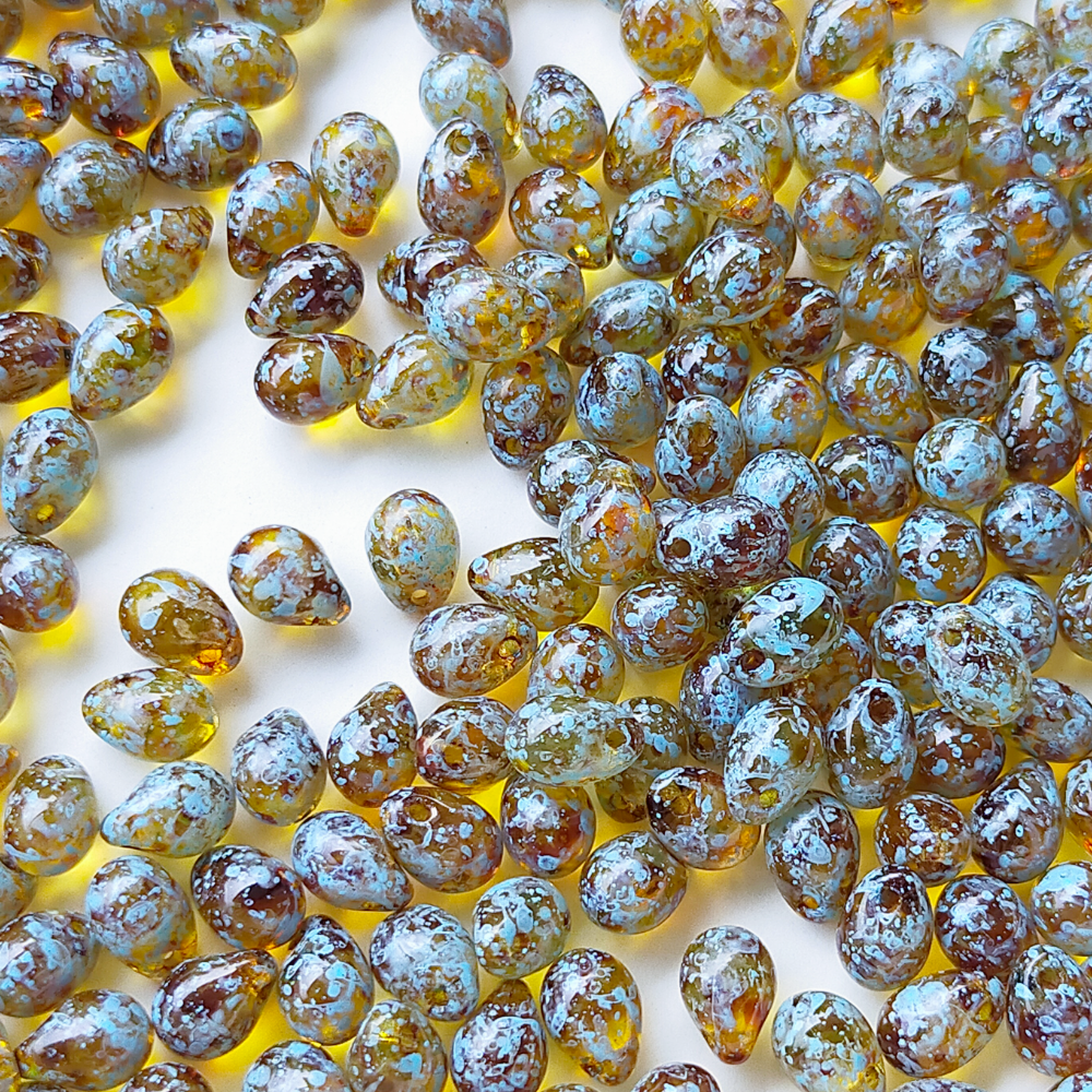 チェコ ビーズ ドロップ 5x7mm 20個 ライト オリーブ グリーン ピカソ BULBULBEADS