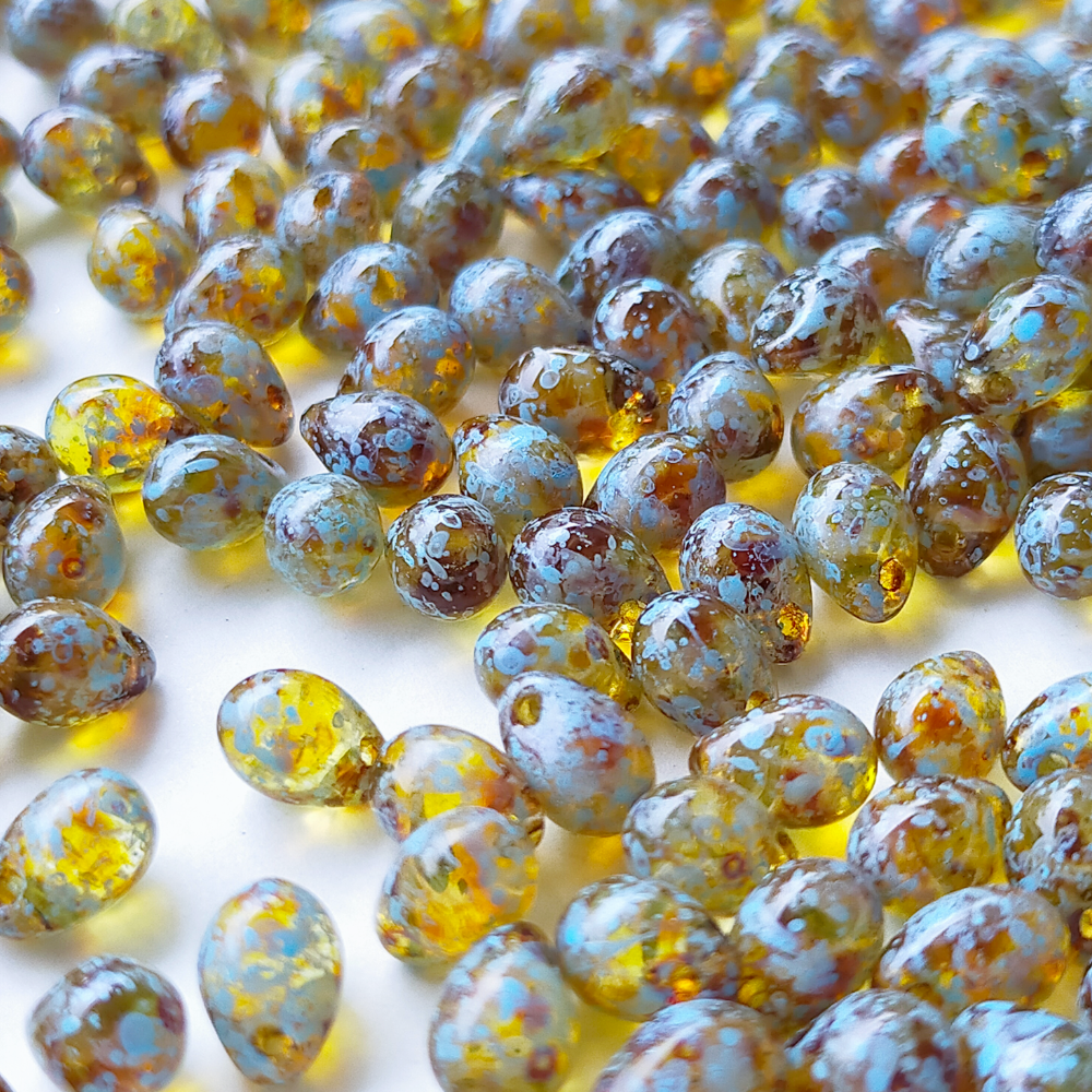 チェコ ビーズ ドロップ 5x7mm 20個 ライト オリーブ グリーン ピカソ BULBULBEADS