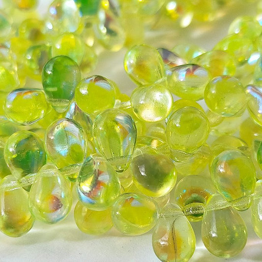 チェコビーズ ドロップ 6×9mm ウランガラス・ジョンキルイエロー3・クリアAB｜20個入 ハンドメイド素材 BULBULBEADS