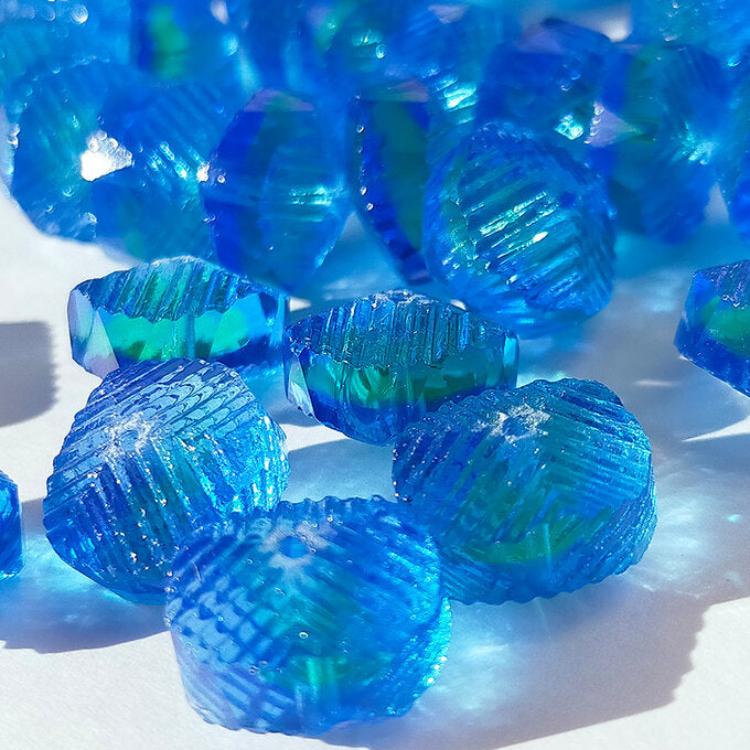 チェコビーズ ラウンダーカット 14×9mm サファイアグリーンオーバーレイ（ウランガラス）｜2個入 ハンドメイド素材 BULBULBEADS