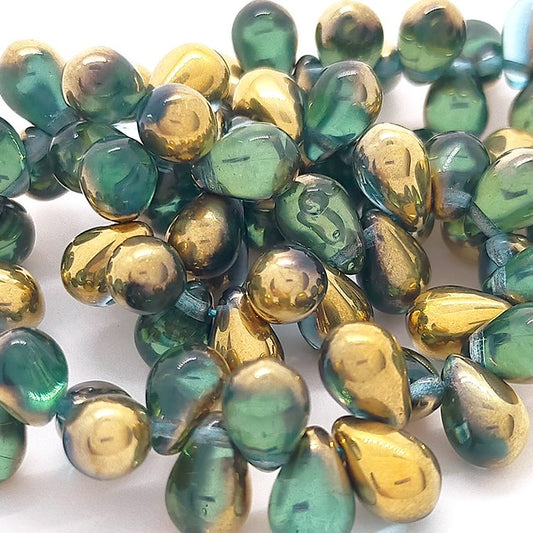 チェコビーズ ドロップ 6x9mm アクアブルー0・ゴールド｜20個入 ハンドメイド素材 BULBULBEADS