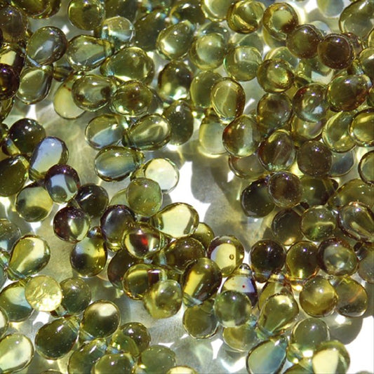 チェコビーズ ドロップ 5×7mm オリーブ ツートーン ラッカーコート｜30個入 ハンドメイド素材 BULBULBEADS