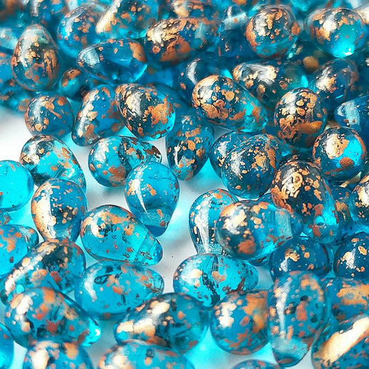 チェコビーズ ドロップ 6x9mm アクアブルー2・クリアカッパー｜20個入 ハンドメイド素材 BULBULBEADS