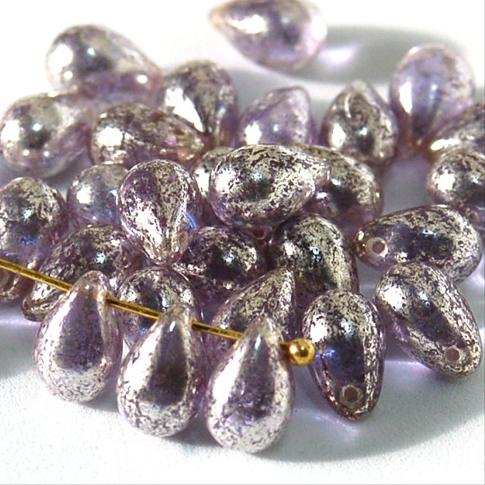 チェコビーズ ドロップ 6x9mm パープル・シルバーフォイル｜20個入 ハンドメイド素材 BULBULBEADS