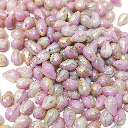 チェコビーズ ドロップ 6×9mm ピンクマーブル・ゴールド｜20個入 ハンドメイド素材 BULBULBEADS