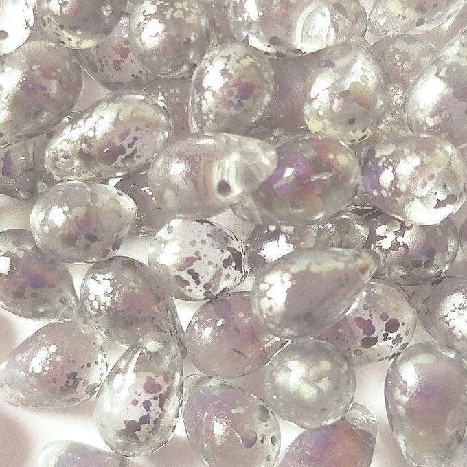 チェコビーズ ドロップ 6x9mm クリスタル・シルバーレインペイント｜20個入 ハンドメイド素材 BULBULBEADS